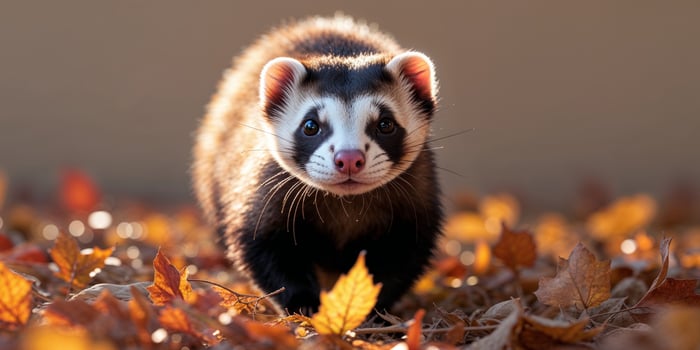 Cute Ferret Walking Through Autumn Leaves photo