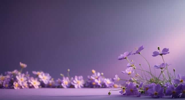 A purple background with lighting and flowers with ample space for text on the right side. photo