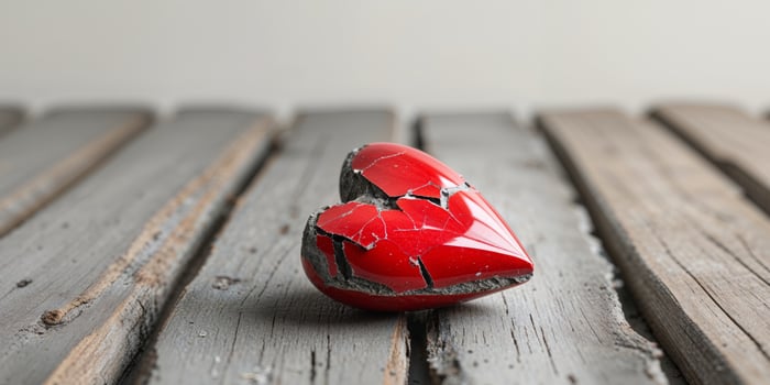 Chipped and cracked red heart resting on weathered wood planks symbolizes heartbreak and lost love. photo