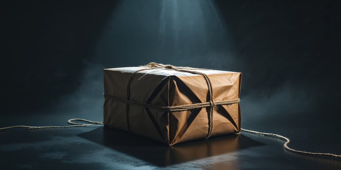 Mysterious Sealed Parcel Box in Dark Moody Spotlight Setting. photo