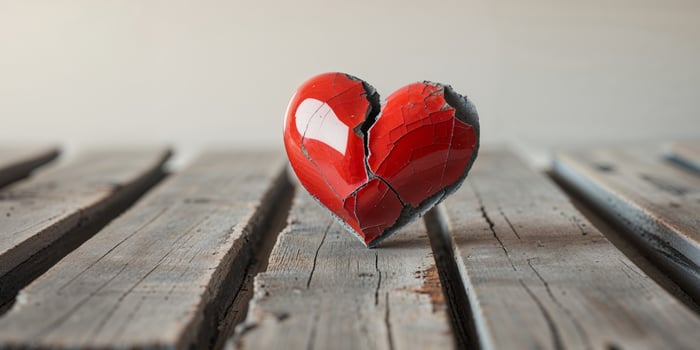 Chipped and cracked red heart resting on weathered wood planks symbolizes heartbreak and lost love photo