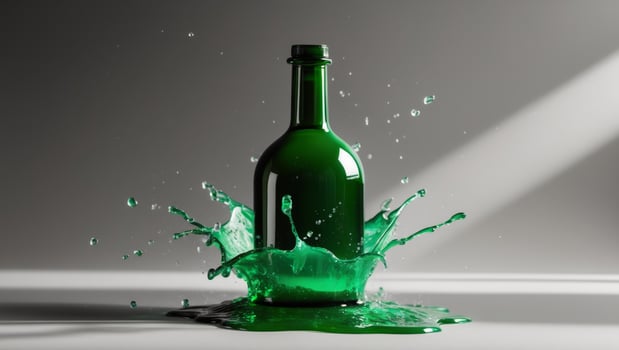 Green Bottle Splashing Juice on Dark Background. photo