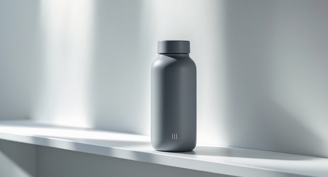 Stylish Gray Water Bottle on a White Shelf. photo