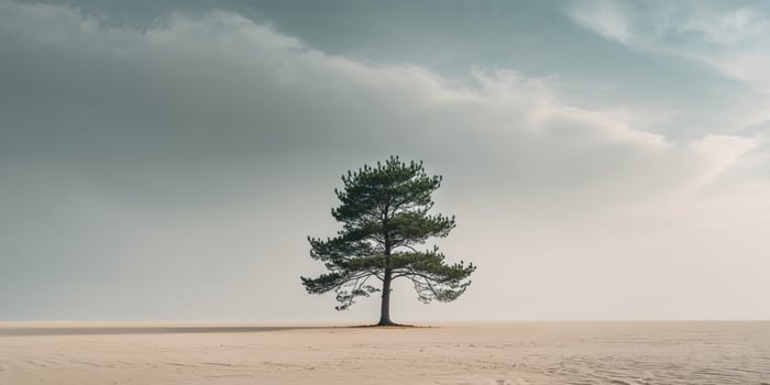 Lonely pine tree growing on sandy ground under cloudy sky. photo