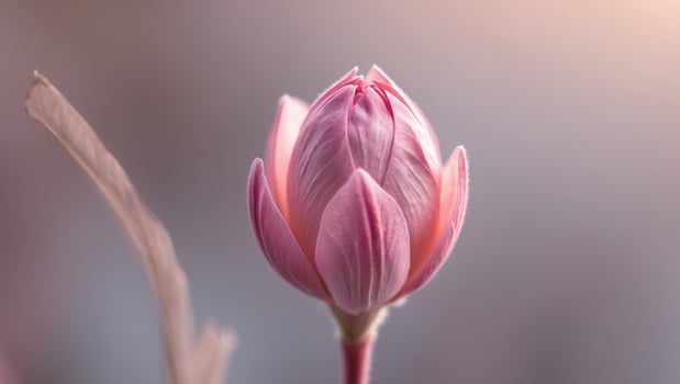 A close up of a pink flower bud on a stem. photo