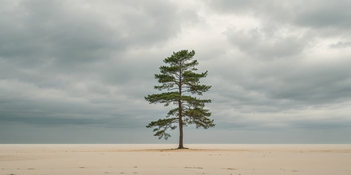 Lonely pine tree growing on sandy ground under cloudy sky photo