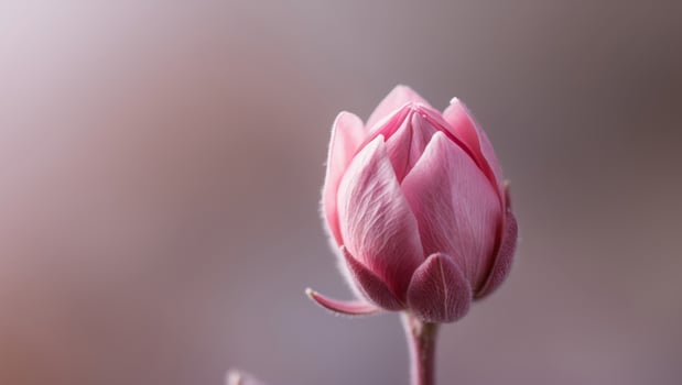 A close up of a pink flower bud on a stem photo