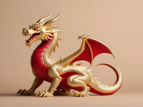 A minimalist design of a gold dragon representing power and good fortune, set on a soft red or beige background with room for text. photo