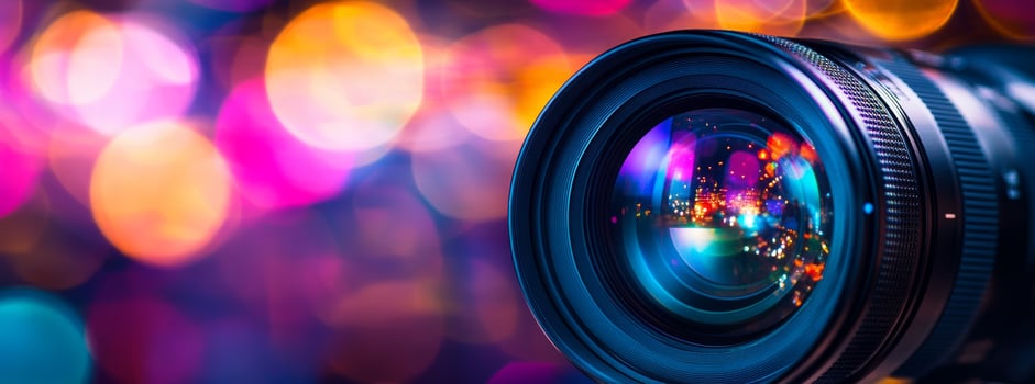 A camera lens is shown in front of colorful lights photo