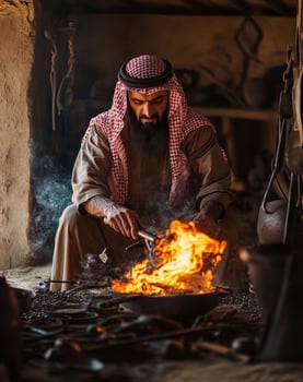 An arabic man is making fire in a pot photo