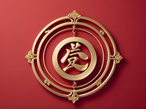 A serene red background with a gold longevity symbol, providing space for text and emphasizing minimalist beauty. photo