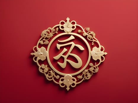 A soft red background highlights a gold longevity symbol, creating a clean, calm space perfect for text placement. photo