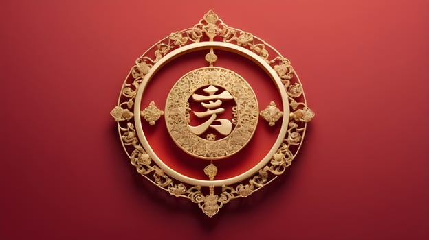 A golden symbol of longevity against a smooth red background, offering plenty of space for text, focusing on grace and serenity. photo