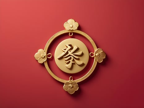 A gold longevity symbol on a rich red background with ample space for text, evoking simplicity and elegance. photo
