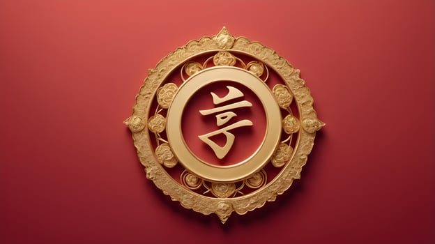 The longevity character in gold, placed gently on a soft red backdrop, leaves room for text, offering a serene, sophisticated design. photo
