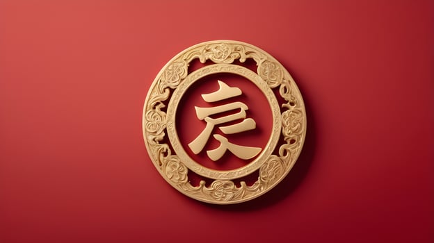 A gold longevity character sits gently on a red backdrop, leaving room for text, offering a peaceful and minimalist aesthetic. photo