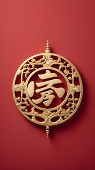 A gold longevity symbol rests on a soft red background, with space for text, creating an elegant and serene design. photo