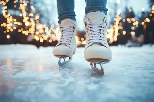 Woman wearing ice skates standing on frozen ice rink surface in winter evening photo