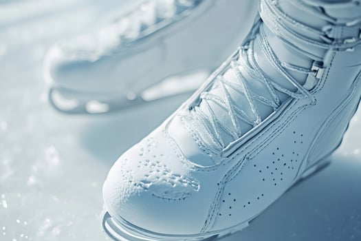White ice skates standing on frozen surface reflecting winter sunlight photo