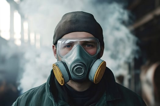 Industrial worker wearing gas mask in smoky environment photo