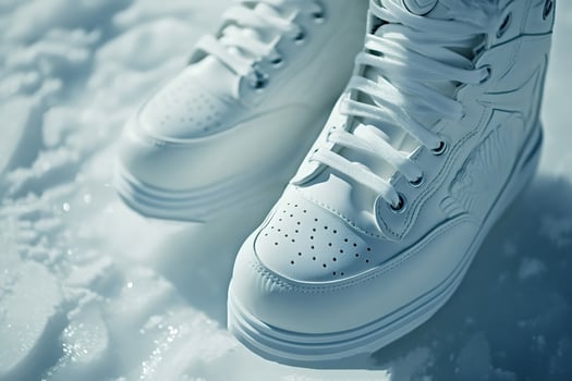 White winter boots standing on fresh snow during a sunny winter day photo