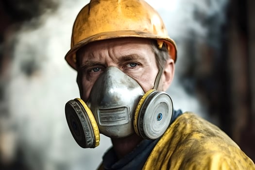 Industrial worker wearing protective mask and helmet in smoky environment photo