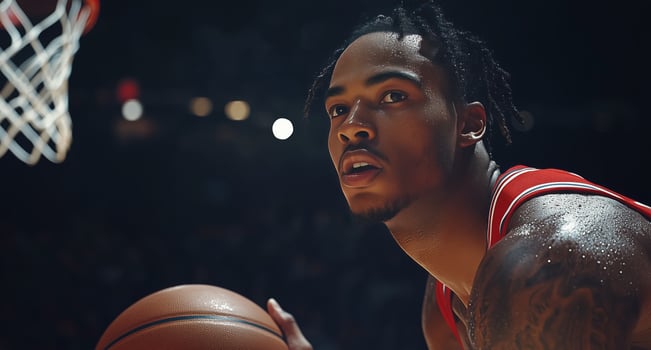 Basketball player preparing for free throw during a game in an indoor arena at night photo