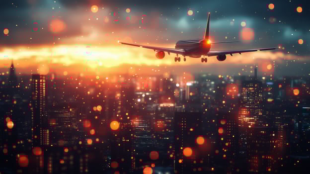 Airplane flying over a city skyline at sunset with colorful lights and a dramatic sky photo