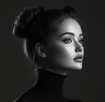 Elegant portrait of a woman with dark hair in a high neckline outfit against a black background photo