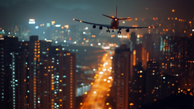 Airplane landing over illuminated city skyline at night near busy streets photo