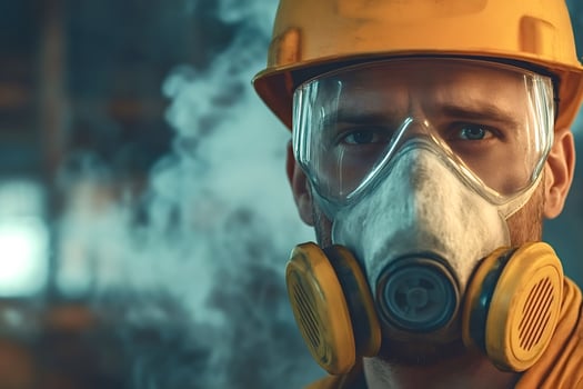 Industrial worker wearing protective gear in smoky environment photo