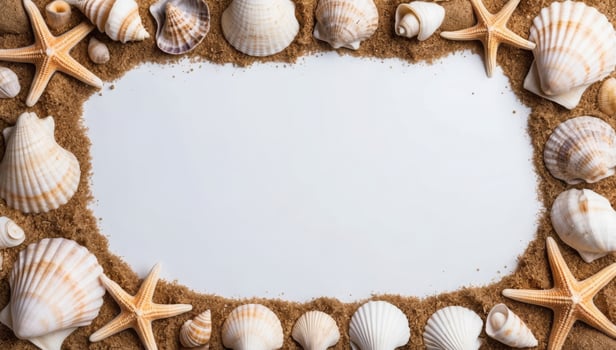 Natural beach elements like seashells, starfish, and sand frame a clean white background, perfect for a coastal-inspired design. photo