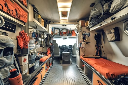 Inside of mobile clinic or ambulance showing medical equipment and supplies photo