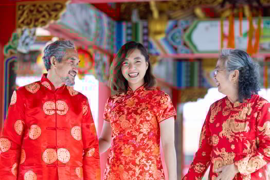 The Asian senior couple and daughter in cheongsam qipao dress are talking to each other inside temple during Chinese new year for family and relative gathering in hometown photo