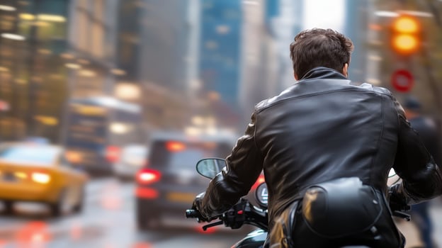 Urban Motorcycle Rider Navigating Busy City Streets in Motion photo