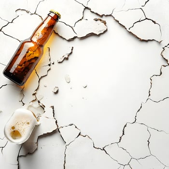 Brown beer bottle and glass on cracked surface photo