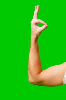 Hand Gesture Signifying Approval Against Bright Green Background photo