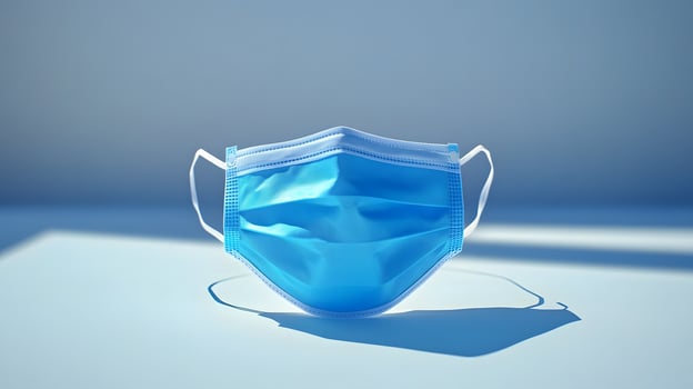 Simple blue surgical mask illustration floats against pure white background. Clean design emphasizes medical protection with subtle shadow beneath disposable face covering. health photo