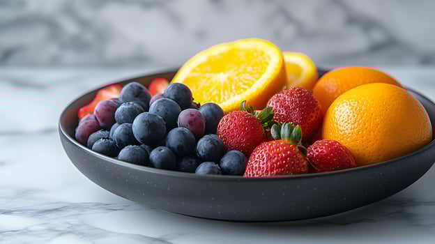 Colorful fruit arrangement on black ceramic plate presents fresh oranges, strawberries, blueberries and apples. Professional lighting highlights vibrant colors on white marble surface. orange photo