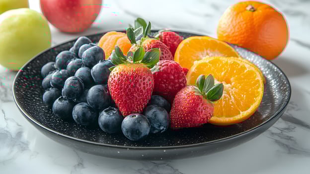 Colorful fruit arrangement on black ceramic plate presents fresh oranges, strawberries, blueberries and apples. Professional lighting highlights vibrant colors on white marble surface. strawberry photo