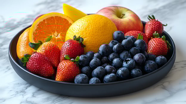 Colorful fruit arrangement on black ceramic plate presents fresh oranges, strawberries, blueberries and apples. Professional lighting highlights vibrant colors on white marble surface. blueberry photo