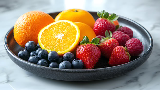 Colorful fruit arrangement on black ceramic plate presents fresh oranges, strawberries, blueberries and apples. Professional lighting highlights vibrant colors on white marble surface. apple photo