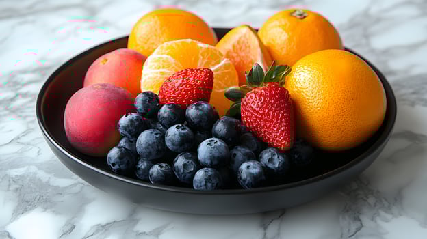 Colorful fruit arrangement on black ceramic plate presents fresh oranges, strawberries, blueberries and apples. Professional lighting highlights vibrant colors on white marble surface. plate photo