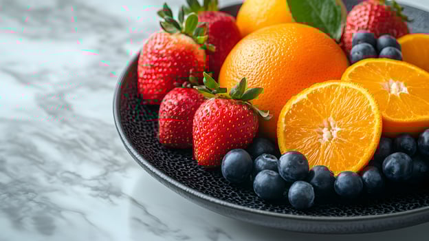 Colorful fruit arrangement on black ceramic plate presents fresh oranges, strawberries, blueberries and apples. Professional lighting highlights vibrant colors on white marble surface. ceramic photo