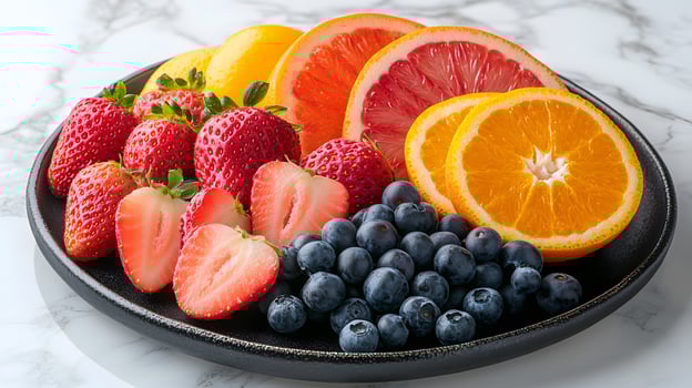 Colorful fruit arrangement on black ceramic plate presents fresh oranges, strawberries, blueberries and apples. Professional lighting highlights vibrant colors on white marble surface. marble photo