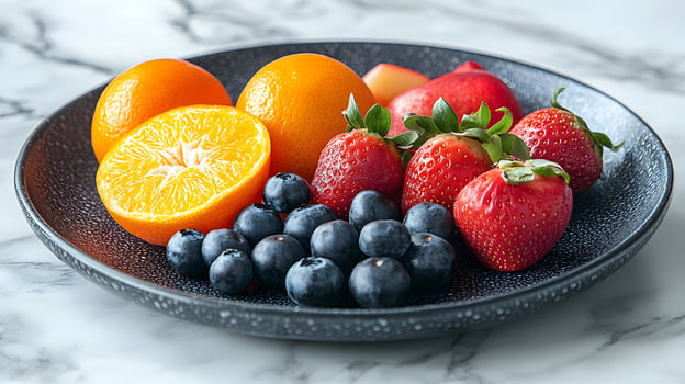 Colorful fruit arrangement on black ceramic plate presents fresh oranges, strawberries, blueberries and apples. Professional lighting highlights vibrant colors on white marble surface. food photo