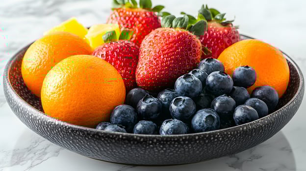 Colorful fruit arrangement on black ceramic plate presents fresh oranges, strawberries, blueberries and apples. Professional lighting highlights vibrant colors on white marble surface. vibrant photo