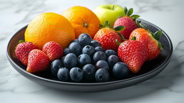 Colorful fruit arrangement on black ceramic plate presents fresh oranges, strawberries, blueberries and apples. Professional lighting highlights vibrant colors on white marble surface. professional photo