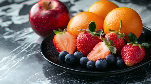 Colorful fruit arrangement on black ceramic plate presents fresh oranges, strawberries, blueberries and apples. Professional lighting highlights vibrant colors on white marble surface. natural photo