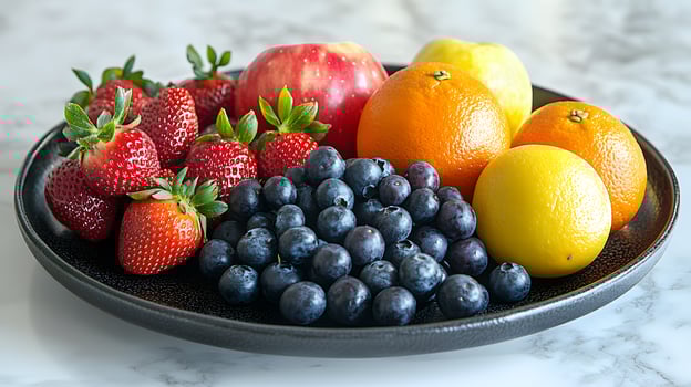 Colorful fruit arrangement on black ceramic plate presents fresh oranges, strawberries, blueberries and apples. Professional lighting highlights vibrant colors on white marble surface. healthy photo